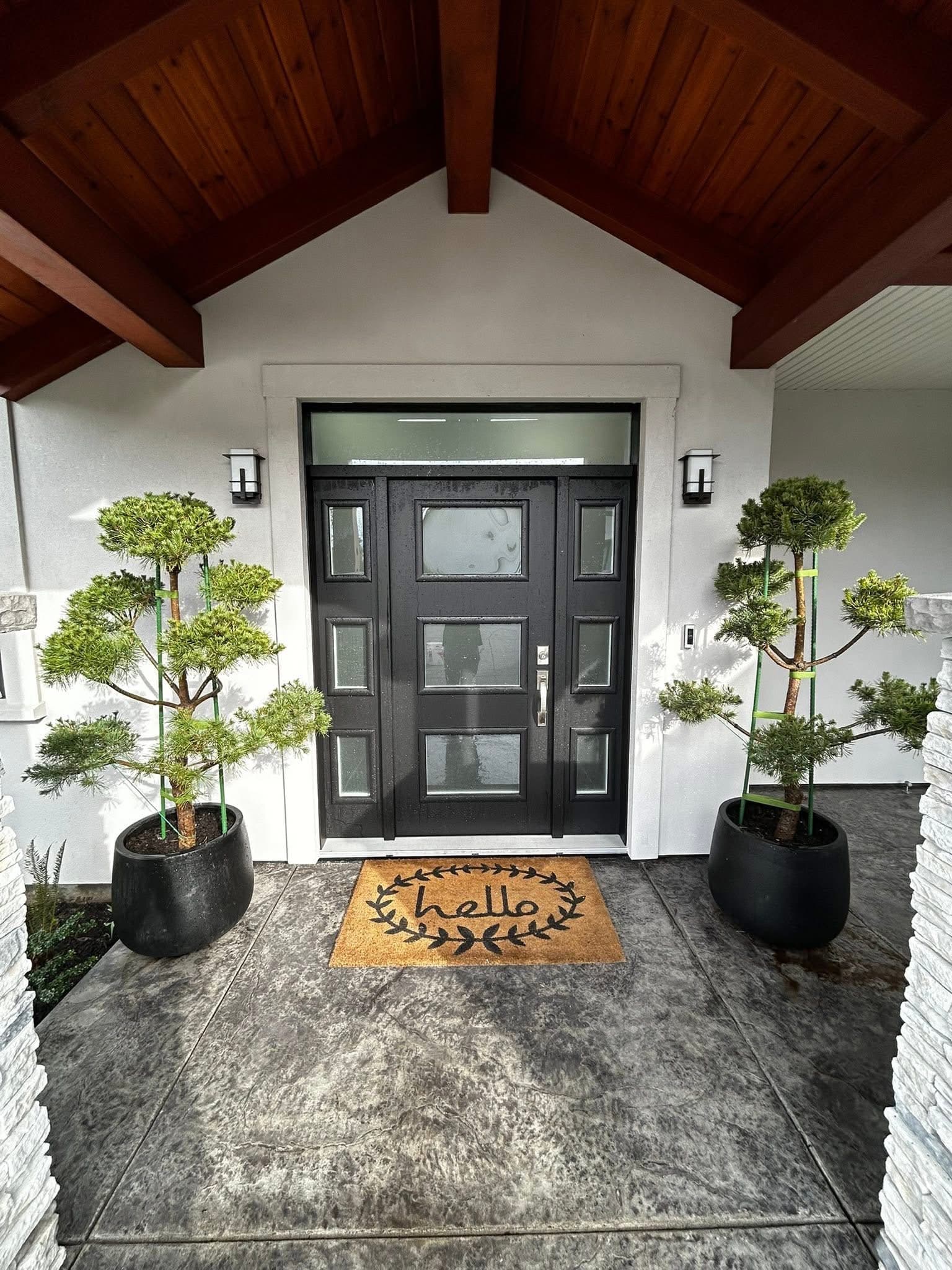 Polished entrance with sculpted topiary in black planters flanking a modern front door