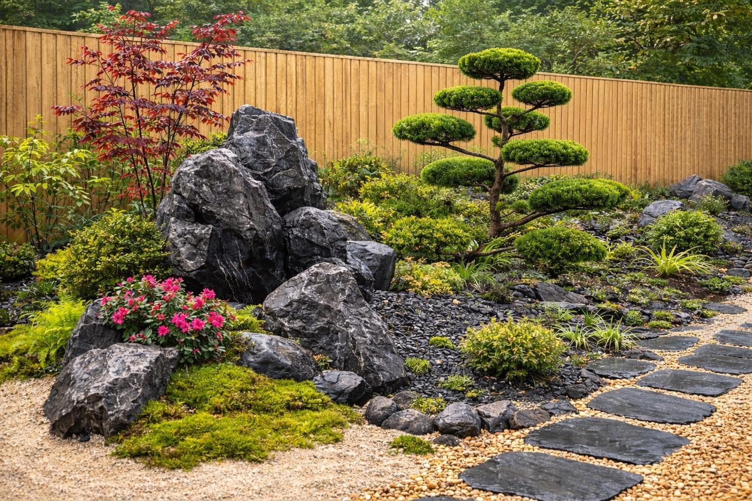 Stone path winding through ornamental grasses with topiary and dry creek bed