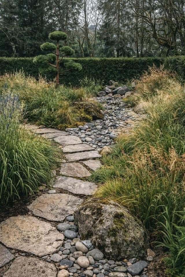 Karesansui zen rock garden with bamboo fence, sculpted juniper topiary, and stepping-stone path