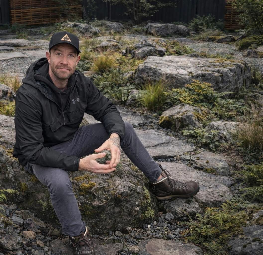 Tory of Kanso Stone & Garden seated on natural stone outcropping