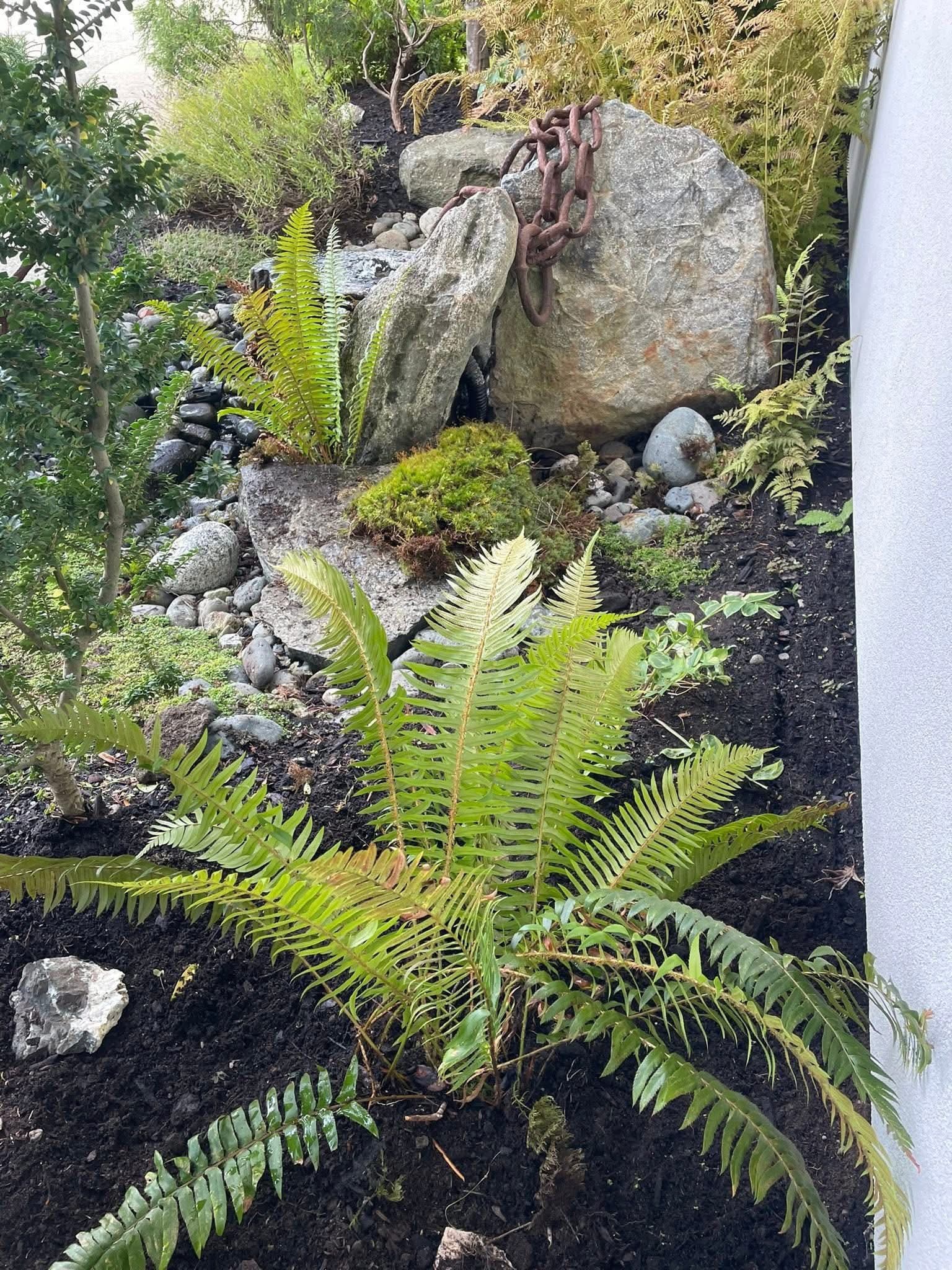 River-rock drainage strip framed in cedar along the side of a home