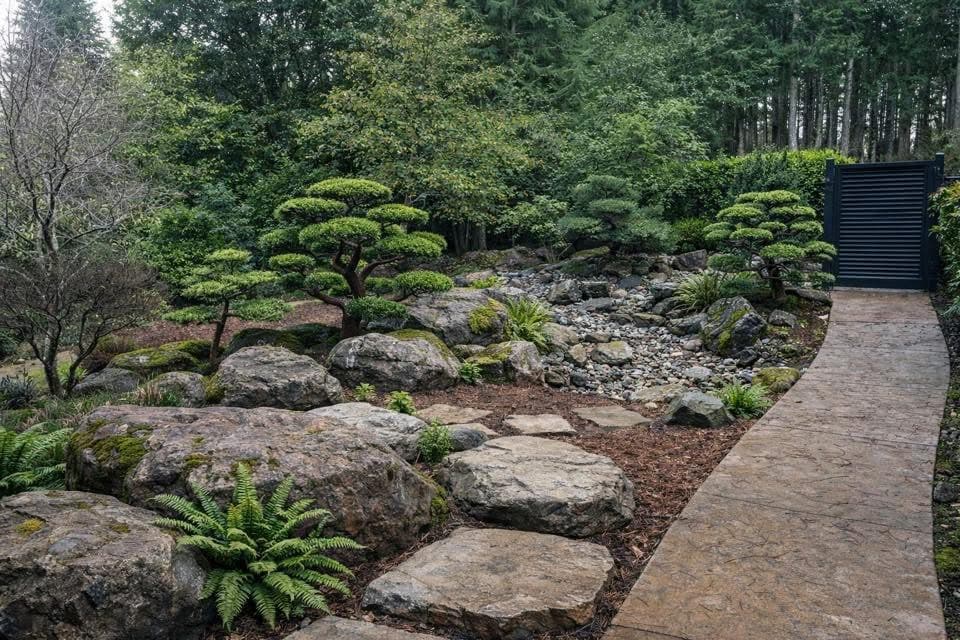 Sweeping Japanese-inspired landscape with sculpted topiaries, mossy boulders, and a dry creek bed by Kanso Stone & Garden