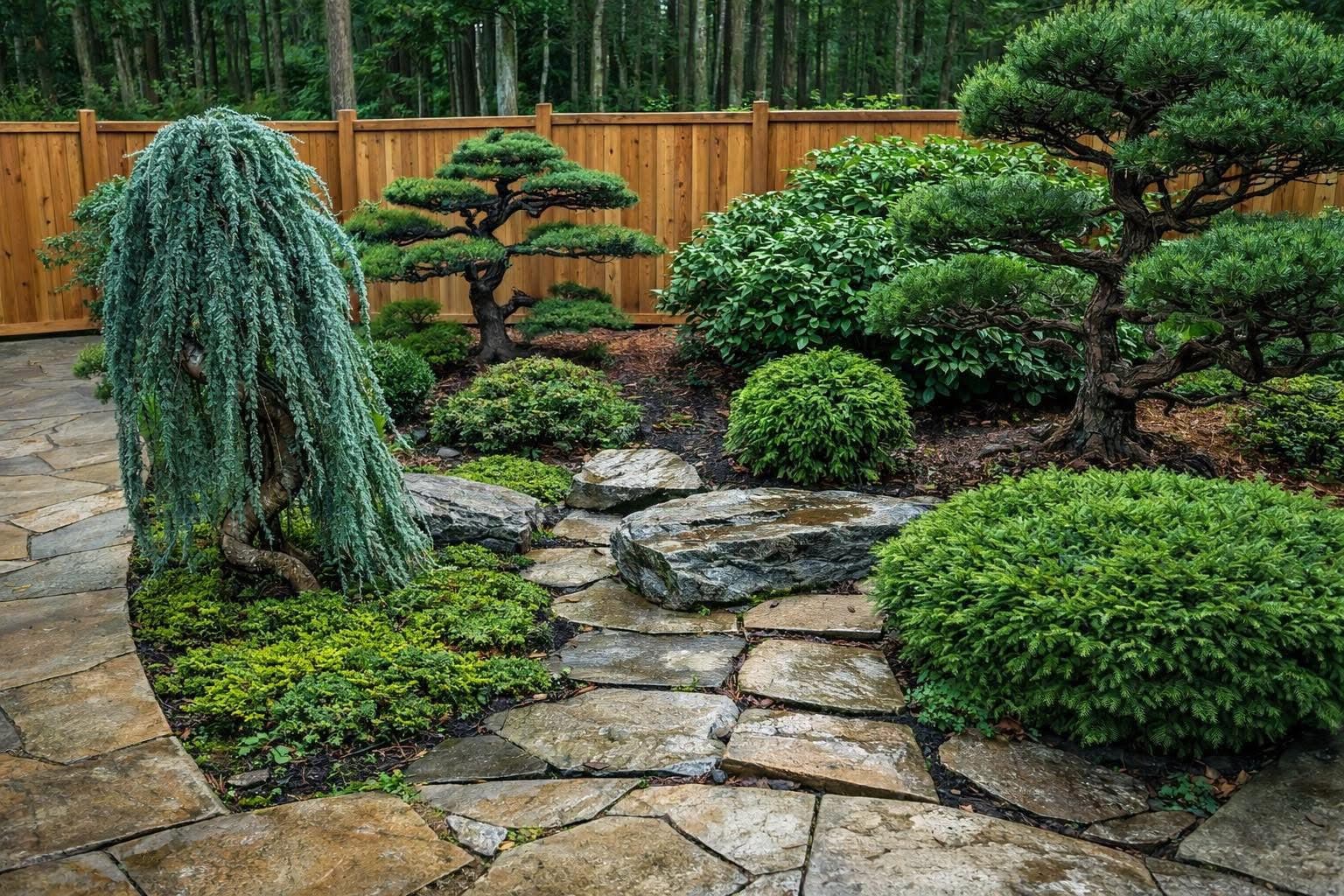 Mature Japanese garden with dwarf evergreens, weeping cedar, and natural flagstone path