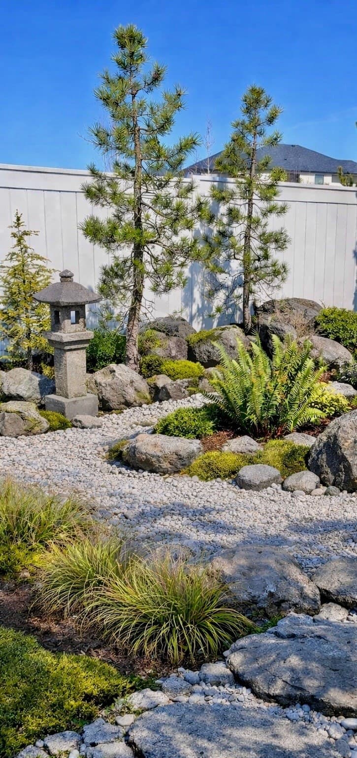 Zen courtyard with stone lantern, slim pines, sword fern, and white gravel framed by river-rock boulders