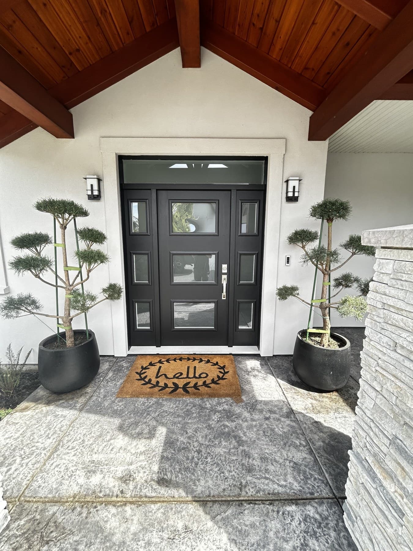Modern black double front door flanked by twin sculpted topiaries on stamped-stone tile