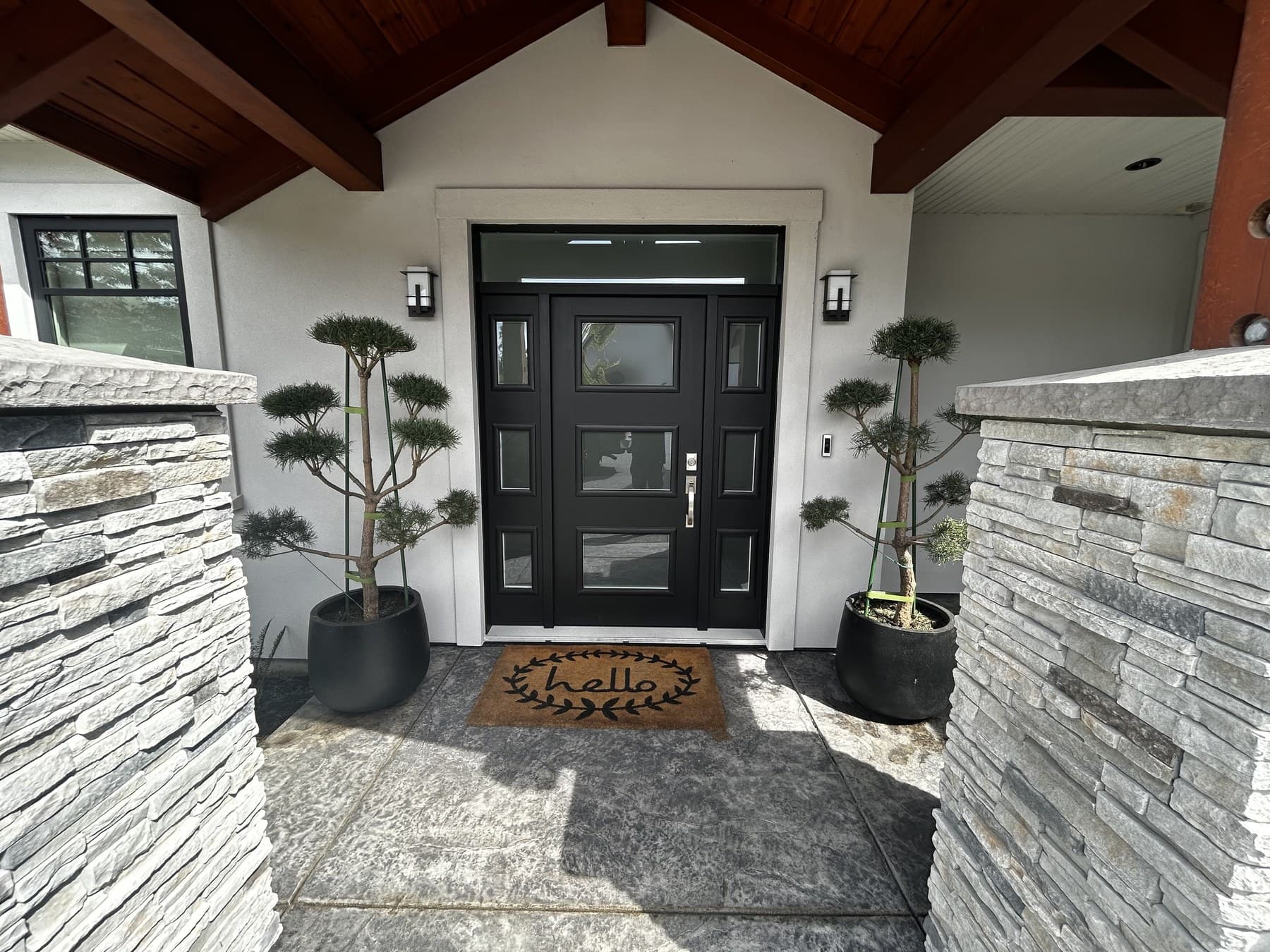 Vertical view of a modern entrance flanked by twin sculpted topiaries