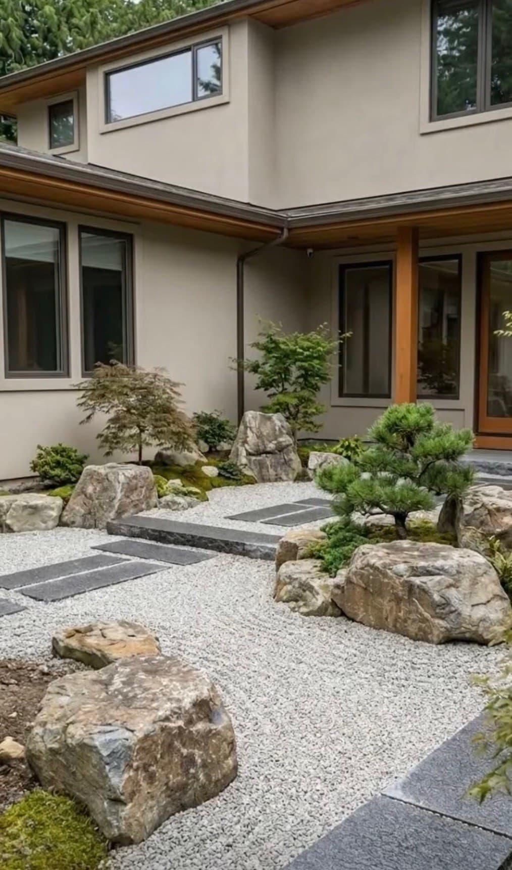 Modern home zen courtyard with raked gravel, stone-paver path, dwarf pine, and large boulder accents