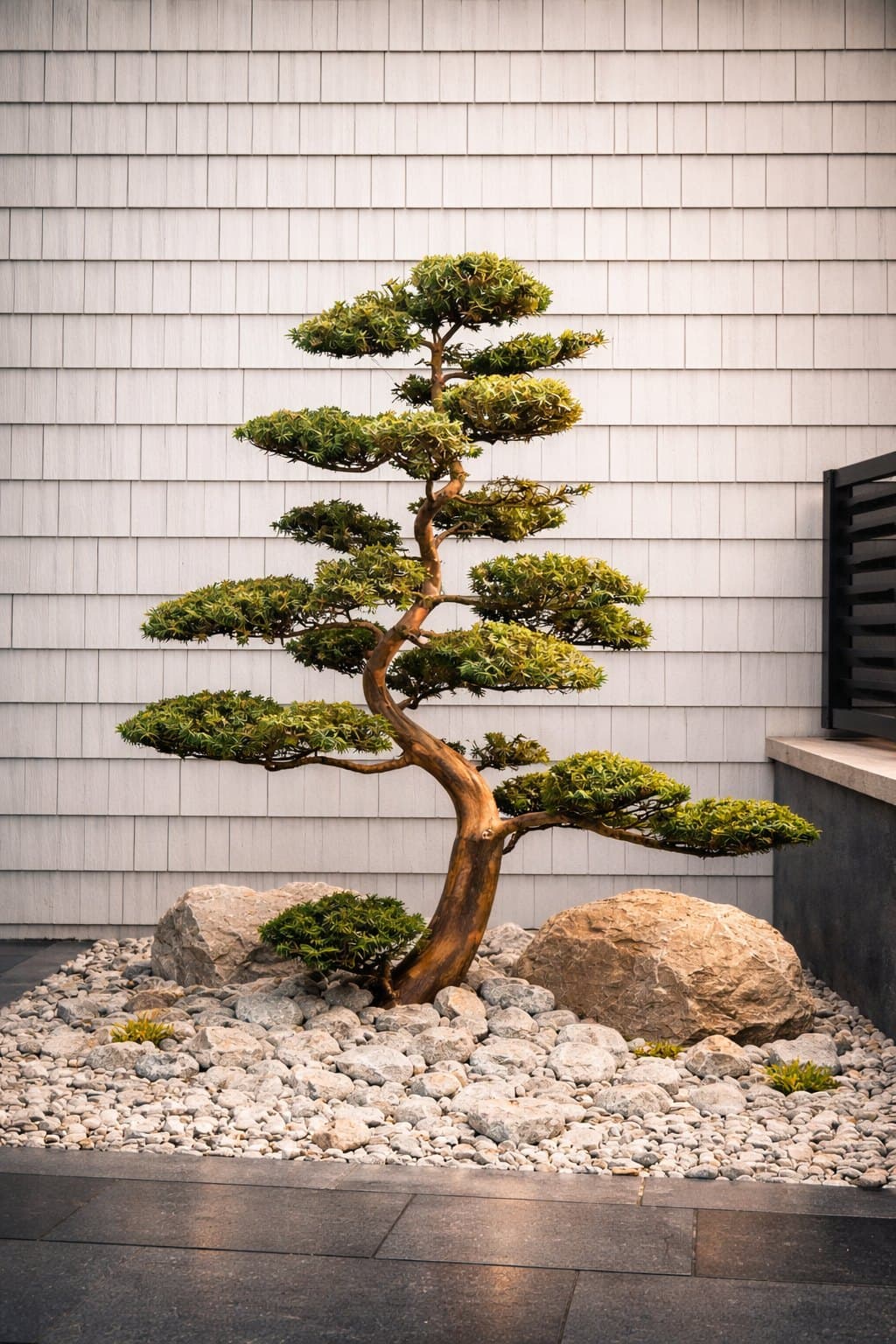 Sculpted cloud-pruned topiary tree set in a stone basin against a soft grey shingle wall