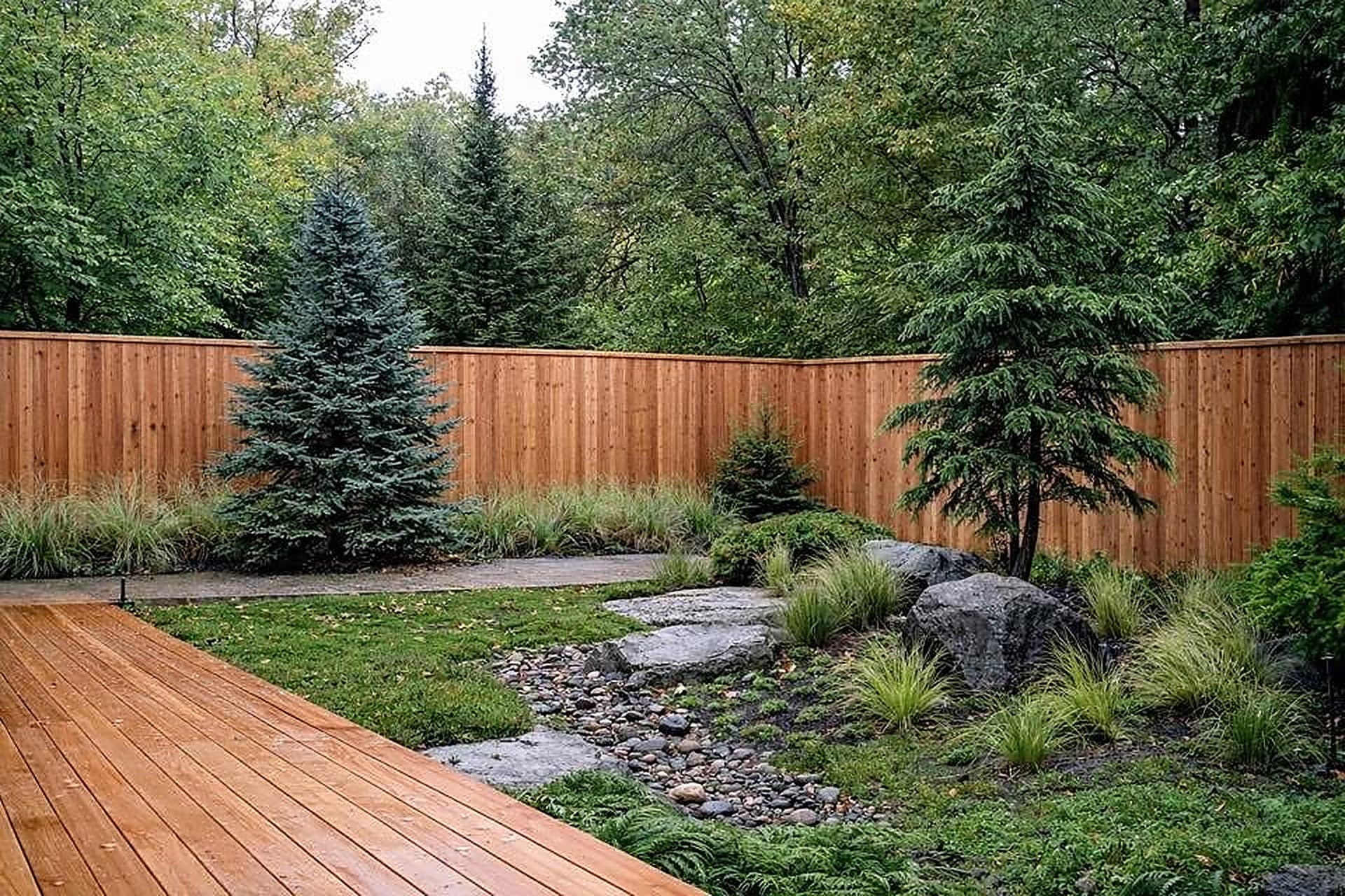 Backyard corner with a cedar privacy fence, blue spruce and cedar trees, ornamental grasses, river-rock dry creek and large boulders, viewed from a wood deck