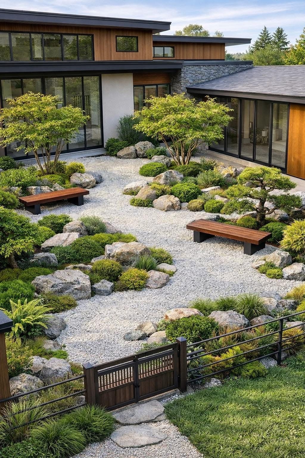 Karesansui dry landscape garden with sculpted boulders, pea gravel, and West Coast contemporary home backdrop by Kanso Stone & Garden